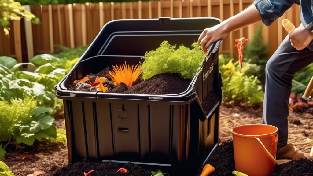 Create an image of a vibrant backyard composting scene featuring a well-maintained compost bin. Surround it with various compostable materials such as vege