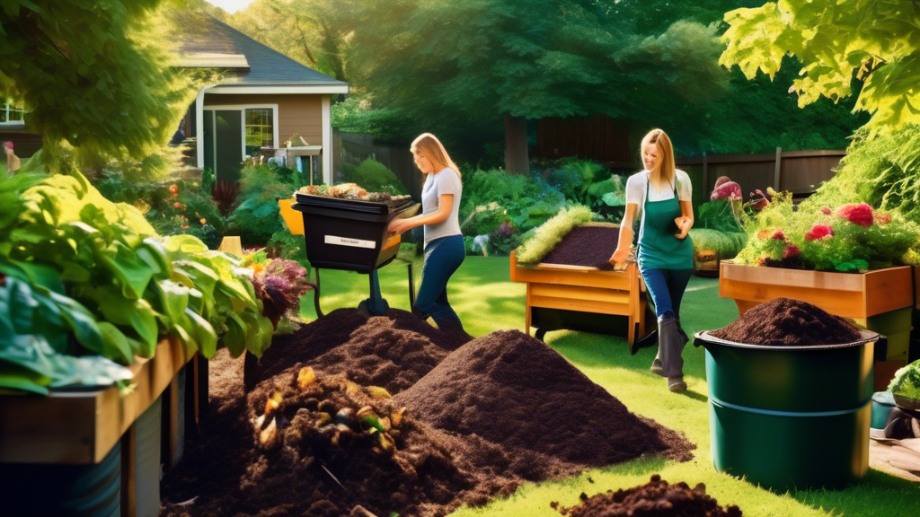 A vibrant garden scene showing gardeners happily engaged in various stages of composting. Piles of organic waste, such as fruit peels, yard clippings, and