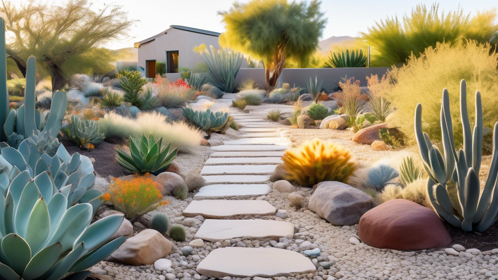 A beautifully landscaped drought-resistant garden filled with an array of succulent plants, cacti, and native wildflowers. The garden is arranged with grav