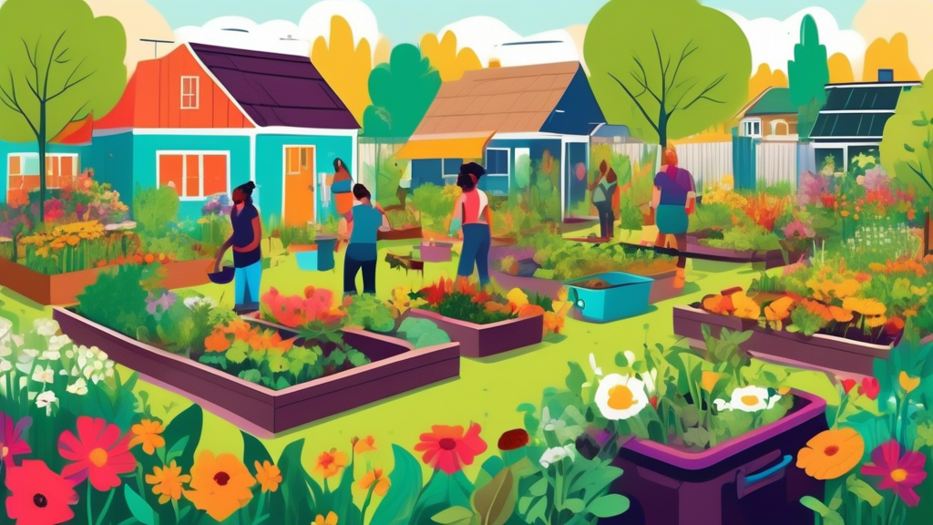 A vibrant community garden filled with blooming flowers, lush vegetables, and a compost bin in the corner, with people happily tending to the plants and ad