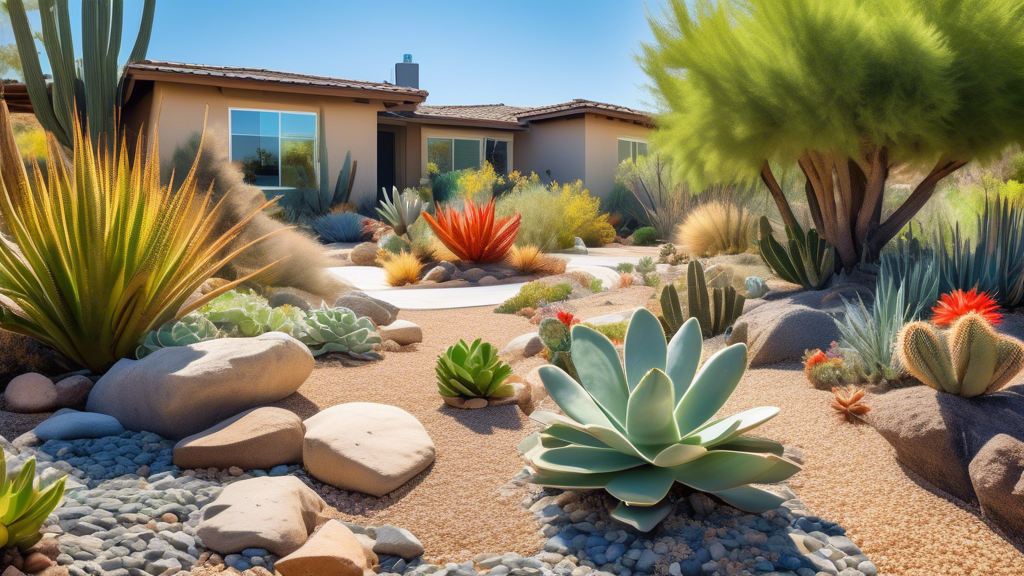 Create an image of a beautiful, drought-resistant garden featuring a variety of succulents, cacti, and native drought-tolerant plants. The landscape includ