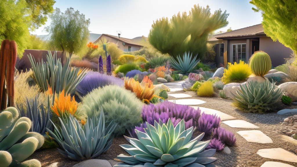 A picturesque garden landscape showcasing a variety of lush and vibrant drought-tolerant plants. Diverse species such as succulents, lavender, yarrow, agav