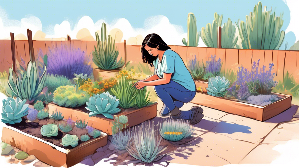 A serene backyard garden featuring raised beds with various drought-resistant plants such as succulents, lavender, and native grasses. A cheerful beginner