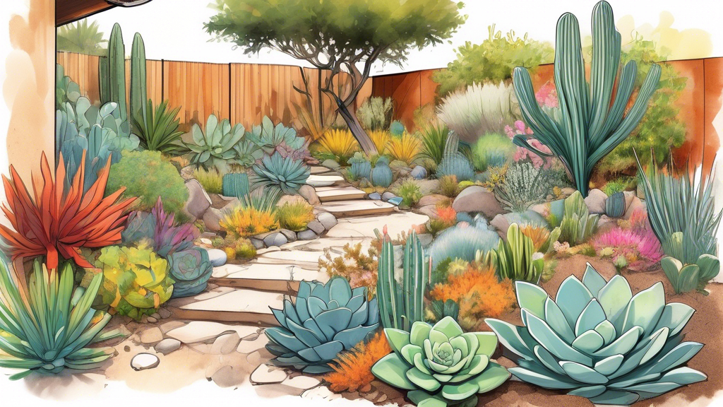 A lush garden designed for drought-resistant gardening, showcasing native plants, succulents, and xeriscaping techniques. Include a rainwater harvesting sy