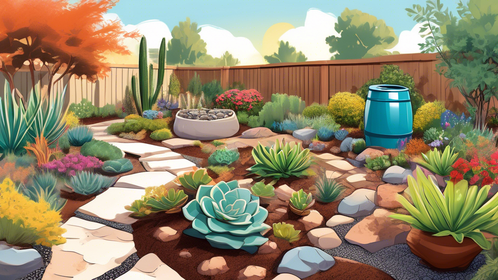 A picturesque garden scene featuring various DIY projects such as rain barrels, a drip irrigation system, and raised garden beds filled with drought-resist