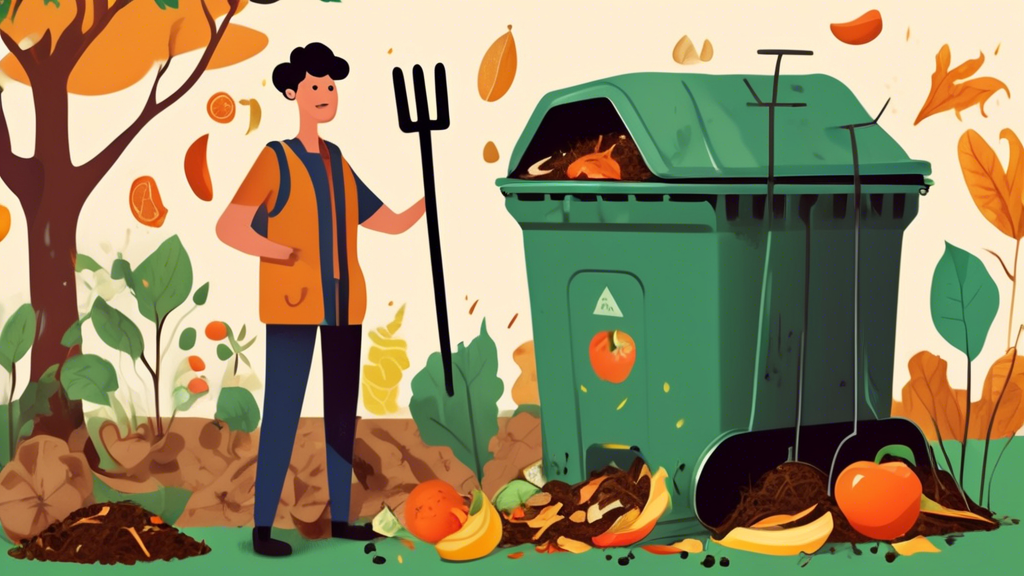 An image of a backyard compost bin with visible layers of organic waste such as fruit peels, vegetable scraps, and dried leaves. The scene also includes a