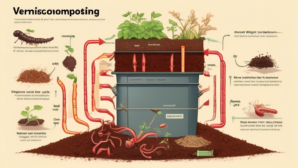 A detailed illustration showing a vermicomposting setup, including red wiggler worms breaking down organic waste in a compost bin. The background should ha