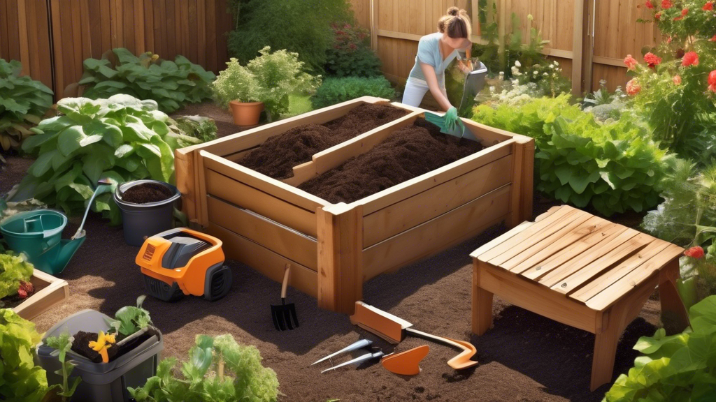 Create an image showing a backyard DIY compost bin project in progress. The scene includes a person assembling a wooden compost bin using simple tools with