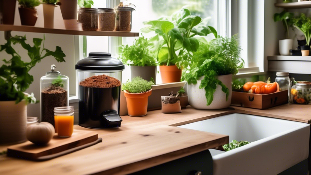 A cozy apartment kitchen with a small, stylish compost bin on the countertop, filled with vegetable scraps and coffee grounds. Plants in pots and jars are