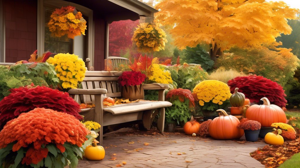 Create an image that captures the essence of autumn gardening. Show a cozy home garden filled with vibrant fall foliage, including shades of red, orange, and yellow leaves. Include a dedicated gardene