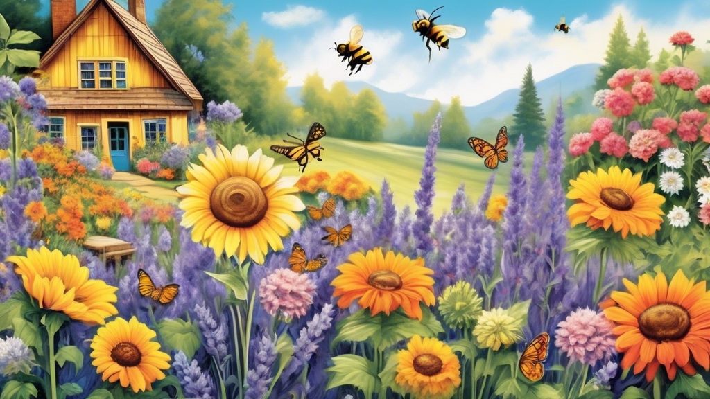 Create a vibrant and sunny garden scene that showcases a variety of colorful and bee-friendly flowers such as lavender, coneflowers, sunflowers, and marigo