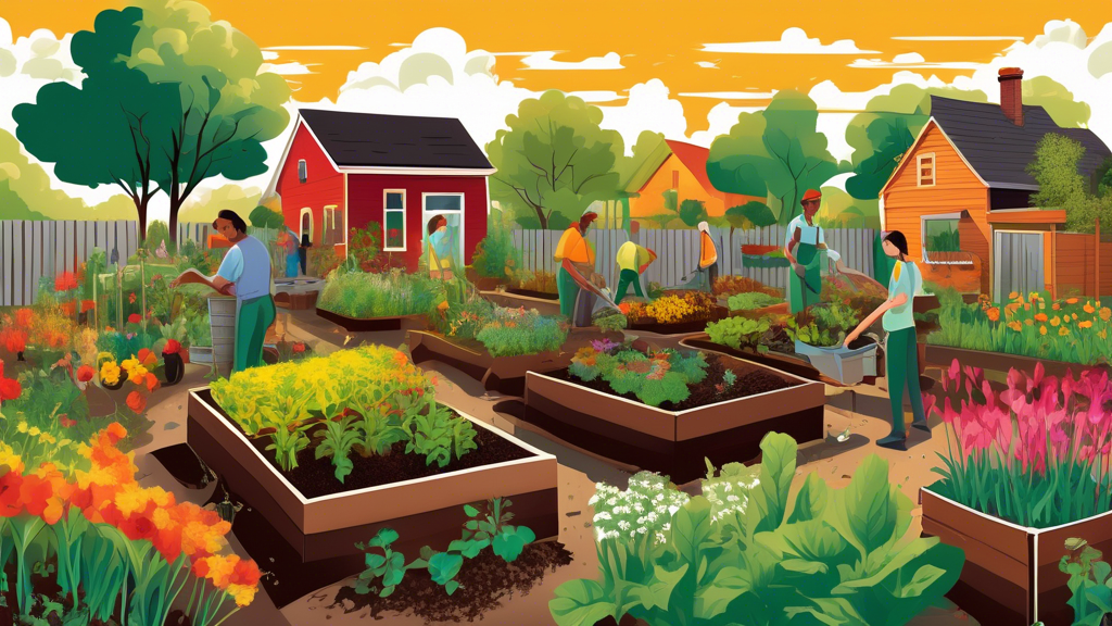 A vibrant community garden with various plants, a diverse group of gardeners actively engaged, compost bins, crop rotation, and cover crops. The gardeners