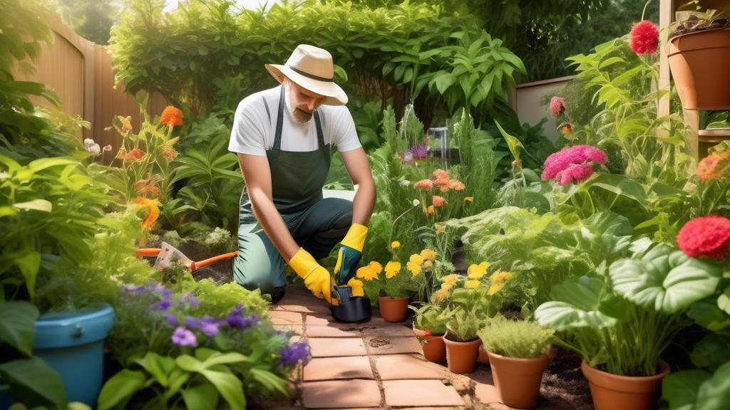 A lush small garden featuring a variety of plants and flowers with a gardener carefully inspecting leaves for pests. The gardener is equipped with natural