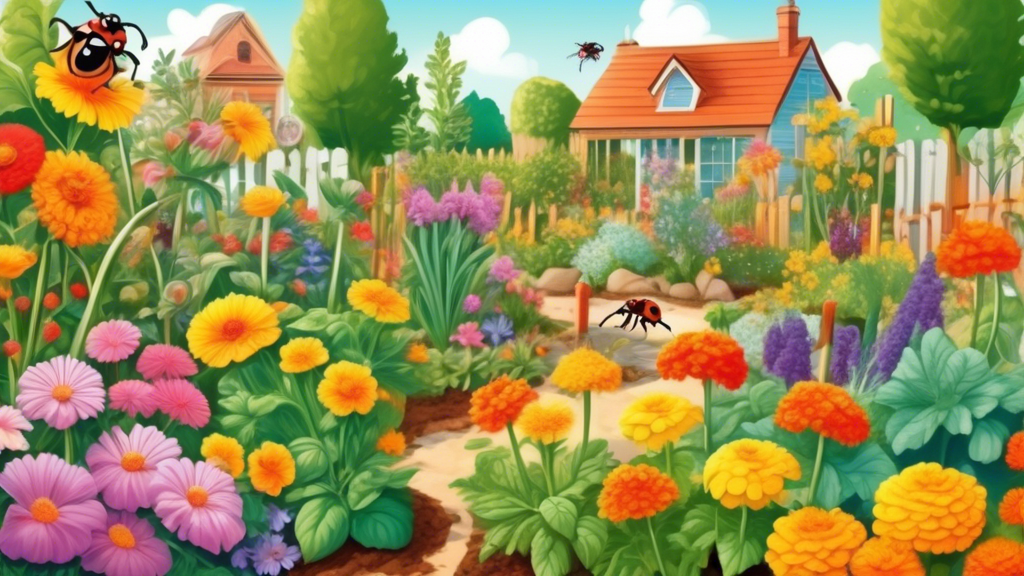 A vibrant, diverse garden in full bloom, featuring various flowers, vegetables, and herb plants. The scene includes natural pest control methods like ladyb