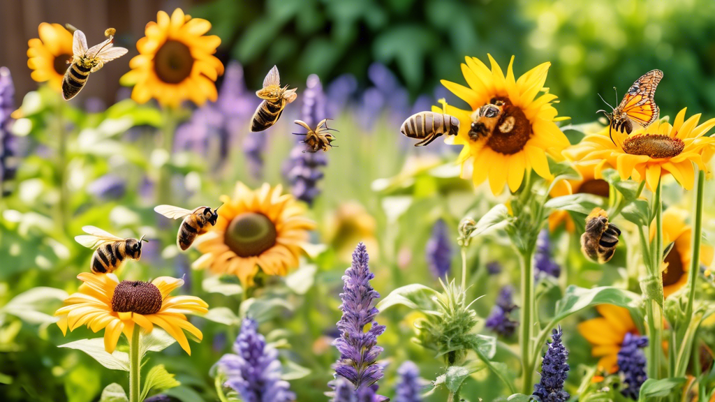 A vibrant backyard pollinator garden in full bloom, filled with colorful flowers like sunflowers, lavender, and daisies. A cheerful family is working toget