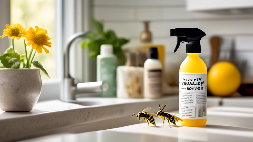 Create an image of a person in a cozy kitchen or garden setting, holding a spray bottle with a label Homemade Wasp Solution - Only 10p. On the kitchen counter or nearby table, display simple household