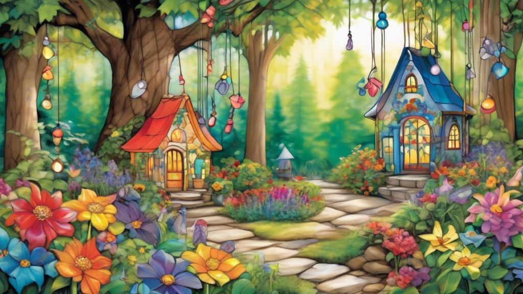 Create an enchanting backyard scene brimming with colorful garden decorations. Feature DIY stained glass pieces hanging from trees, hand-painted gnome statues scattered among blooming flowers, recycle