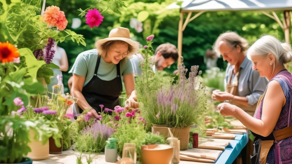 A vibrant garden scene during a sunny outdoor event, with people learning to forage wild herbs and edible plants guided by an expert. Nearby, others are engaged in a hands-on workshop creating charmin