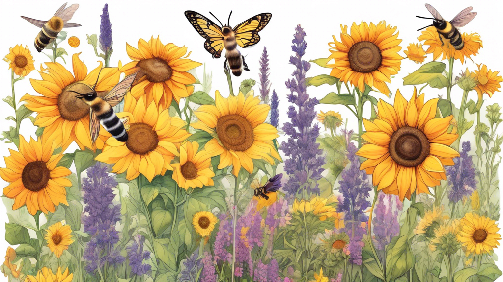 Create an illustration of a vibrant pollinator garden, featuring a diverse array of flowers like sunflowers, lavender, and wildflowers, attracting bees, bu