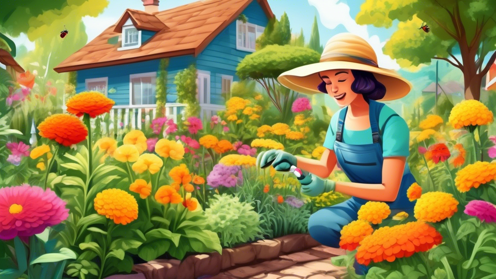 A lush, vibrant garden with colorful flowers and a variety of plants. A gardener wearing a sun hat is seen applying natural pest repellent spray to the pla