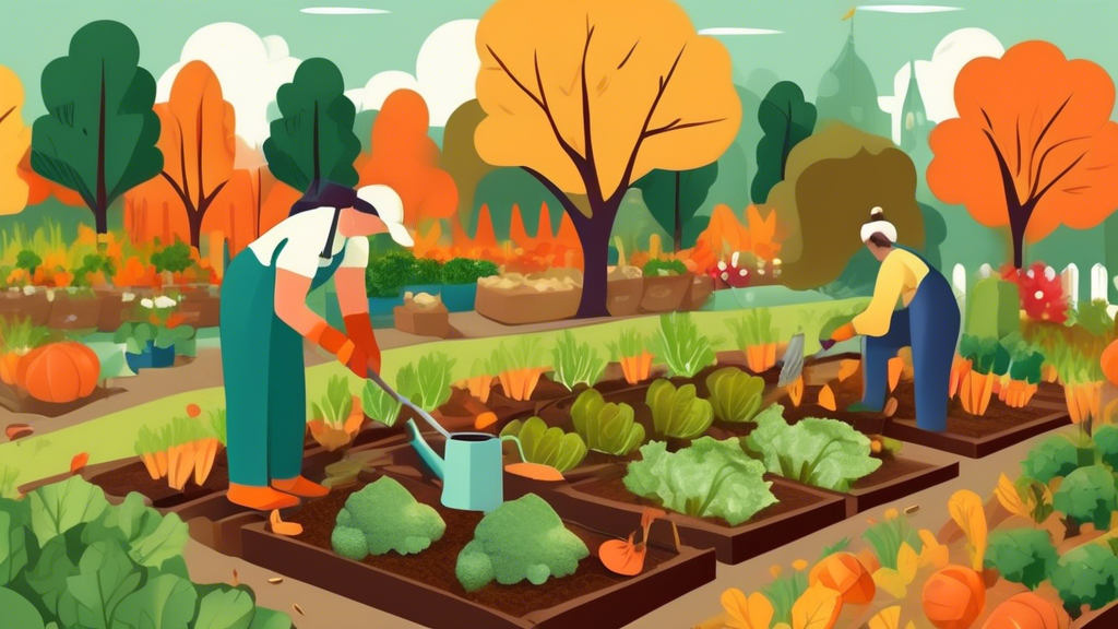 Create an illustration of a garden with a variety of cool-season vegetables such as broccoli, carrots, and lettuce being planted in neat rows. The scene should depict a crisp, sunny autumn day with fa