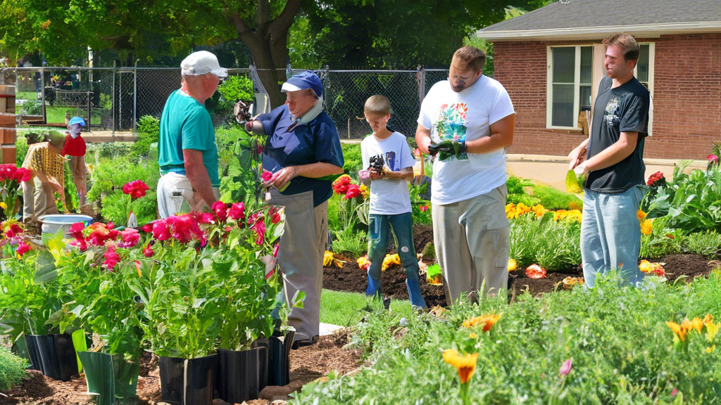 An inspiring scene at the Tulsa Boys Home, where OSU Master Gardeners and boys are working together in lush, well-tended garden plots. The vibrant garden is filled with colorful flowers, vegetables, a