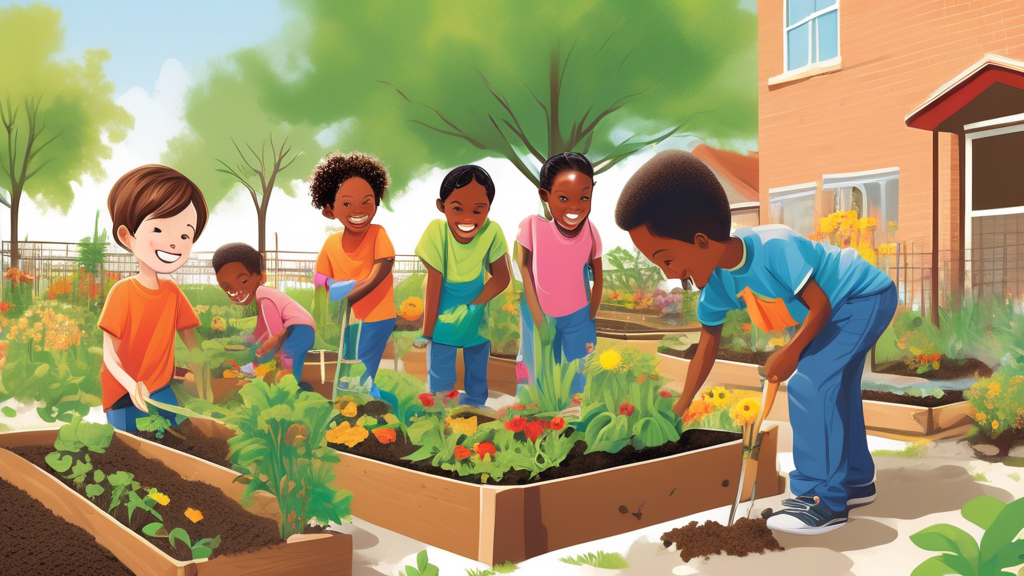 Create an inspiring scene of OSU Master Gardeners working together with young boys at Tulsa Boys Home, planting a vibrant community garden. The setting should include raised garden beds filled with co