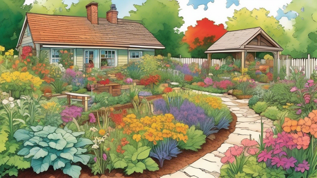 Create an image of a lush, thriving garden with diverse plants and flowers, showcasing various organic methods for enhancing soil health. Include compost p