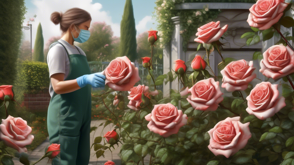 A hyper-realistic image of a rose bush in a garden, visibly showing signs of infection with distorted, curled leaves and discolored petals. A gardener, wearing protective gloves, carefully handles the