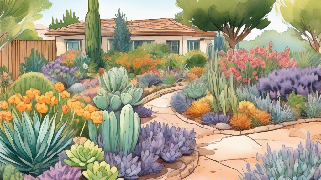 Create an illustration of a beautifully maintained garden with various drought-resistant plants thriving during different seasons. Include a knowledgeable