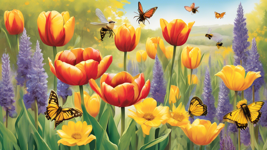 A vibrant pollinator garden in different seasons, featuring blooming flowers and plants that attract bees, butterflies, and hummingbirds. In spring, show v