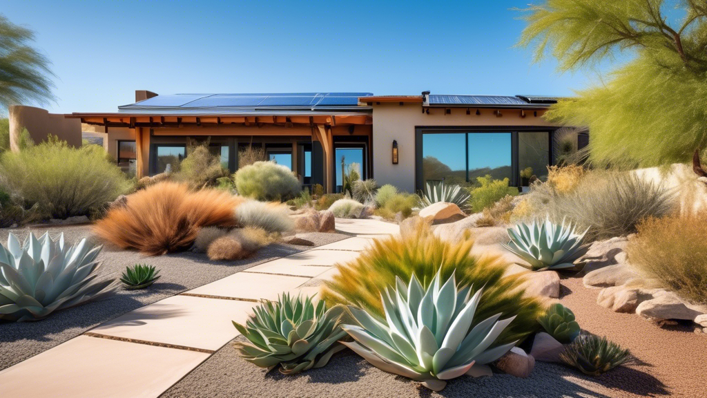 A lush garden featuring a variety of drought-resistant plants such as succulents and native grasses, all thriving in a dry, arid landscape. The garden is a