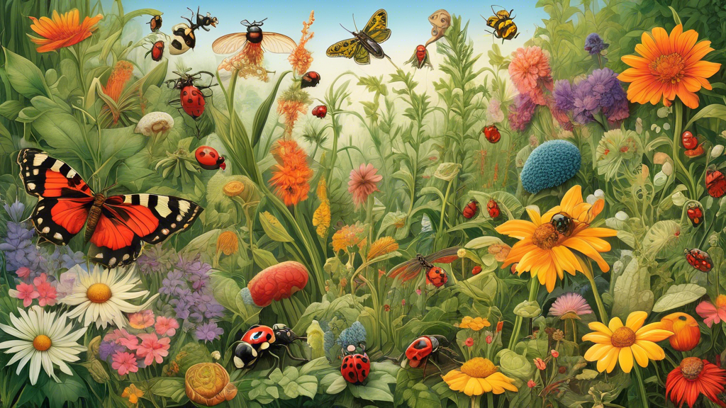 An intricately detailed garden scene showcasing a diverse array of plants and flowers, where beneficial insects such as ladybugs, lacewings, and predatory