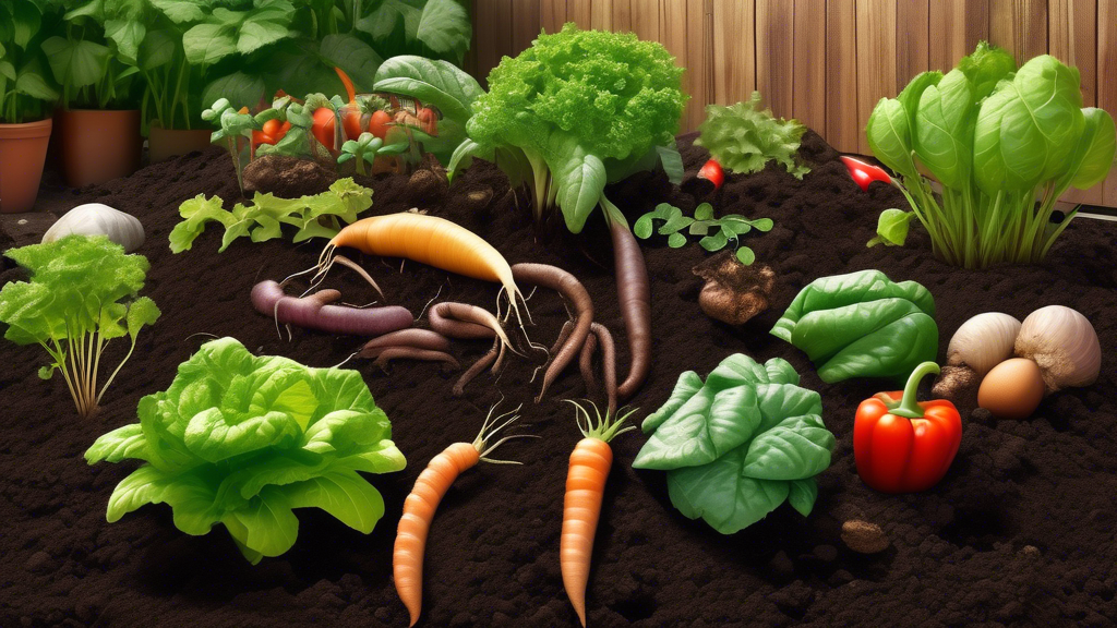 Create an image of a thriving organic vegetable garden with rich, dark soil. Highlight the compost pile in the background with visible decomposing organic