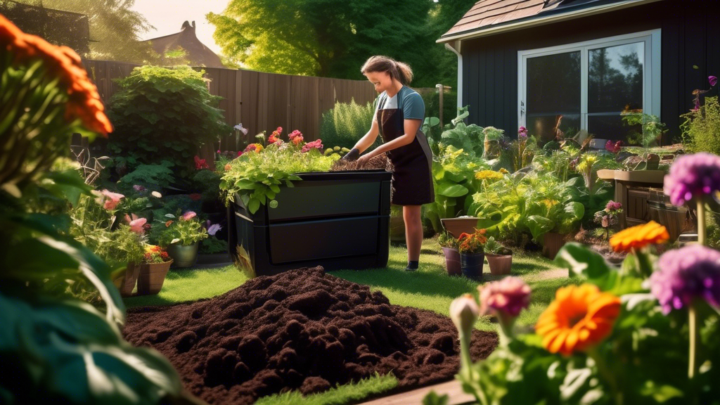 A lush, vibrant garden with numerous healthy plants and flowers in full bloom. In the foreground, there is a compost bin and a gardener spreading rich, dar