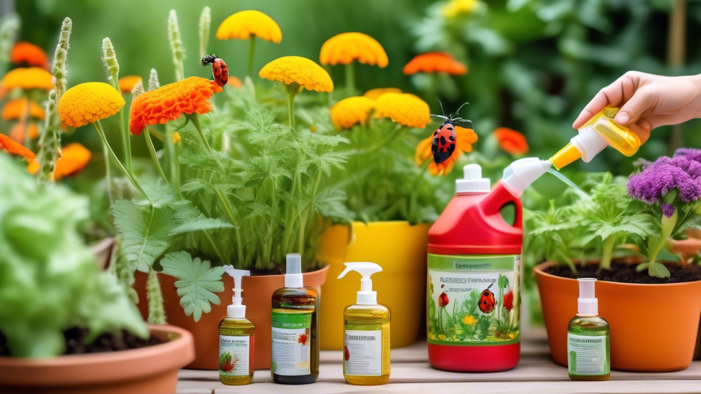 A vibrant home garden with a variety of vegetables and flowers. A gardener is seen using homemade pest control solutions such as a spray bottle labeled Nee