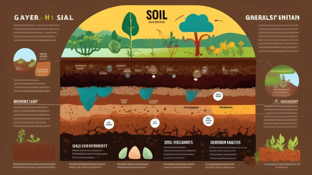 An educational infographic illustrating various aspects of soil health for beginners, featuring a colorful cross-section of soil layers with labels showing