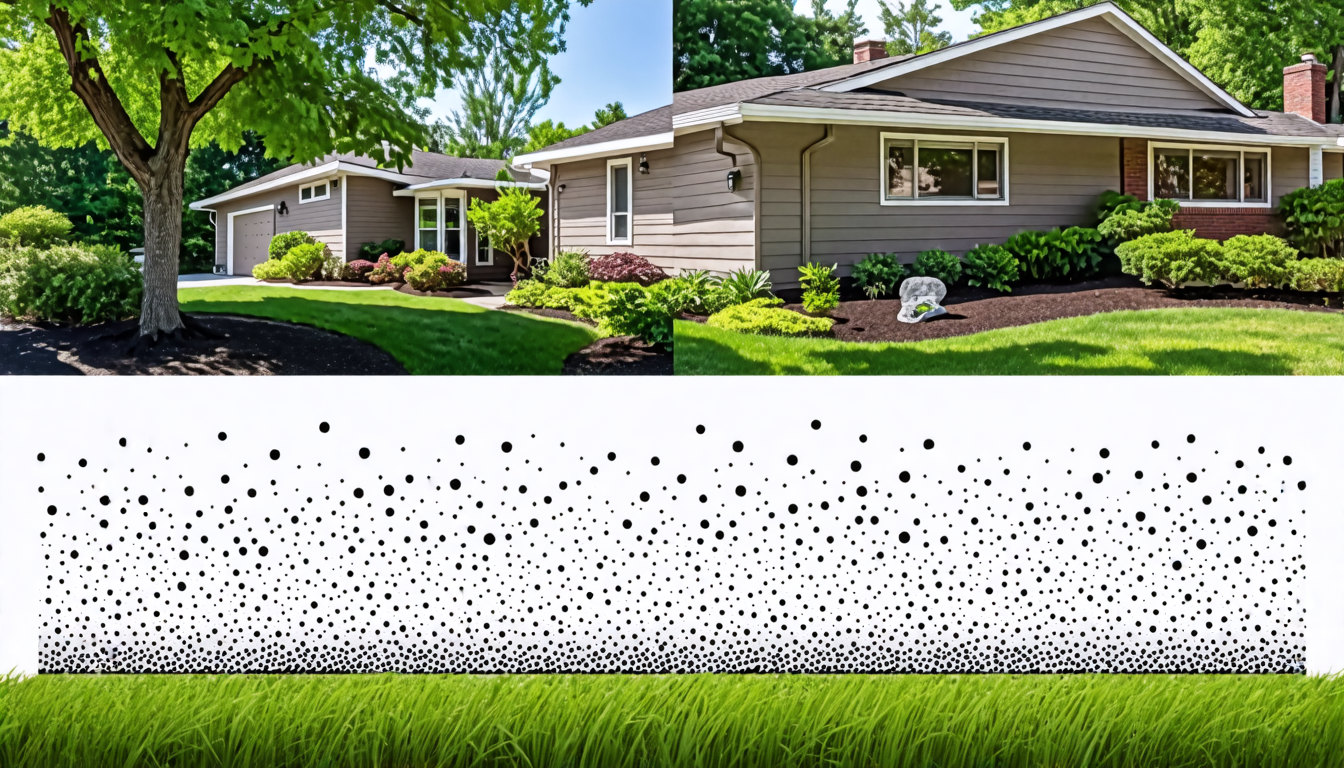 Create a detailed and realistic image of a house exterior with small black dots scattered on the siding. Show close-up views of these black dots, emphasizing their resemblance to artillery fungus spor