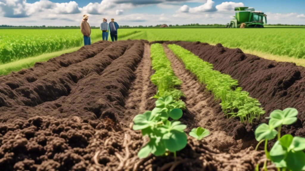 A lush, green field with a variety of cover crops like clover, alfalfa, and rye growing in rich, dark soil. Farmers are seen in the background examining th