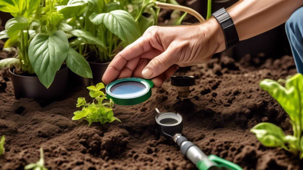 A lush, green garden with a farmer examining soil samples, holding a magnifying glass up-close to detect issues. Surrounding the farmer, there are various