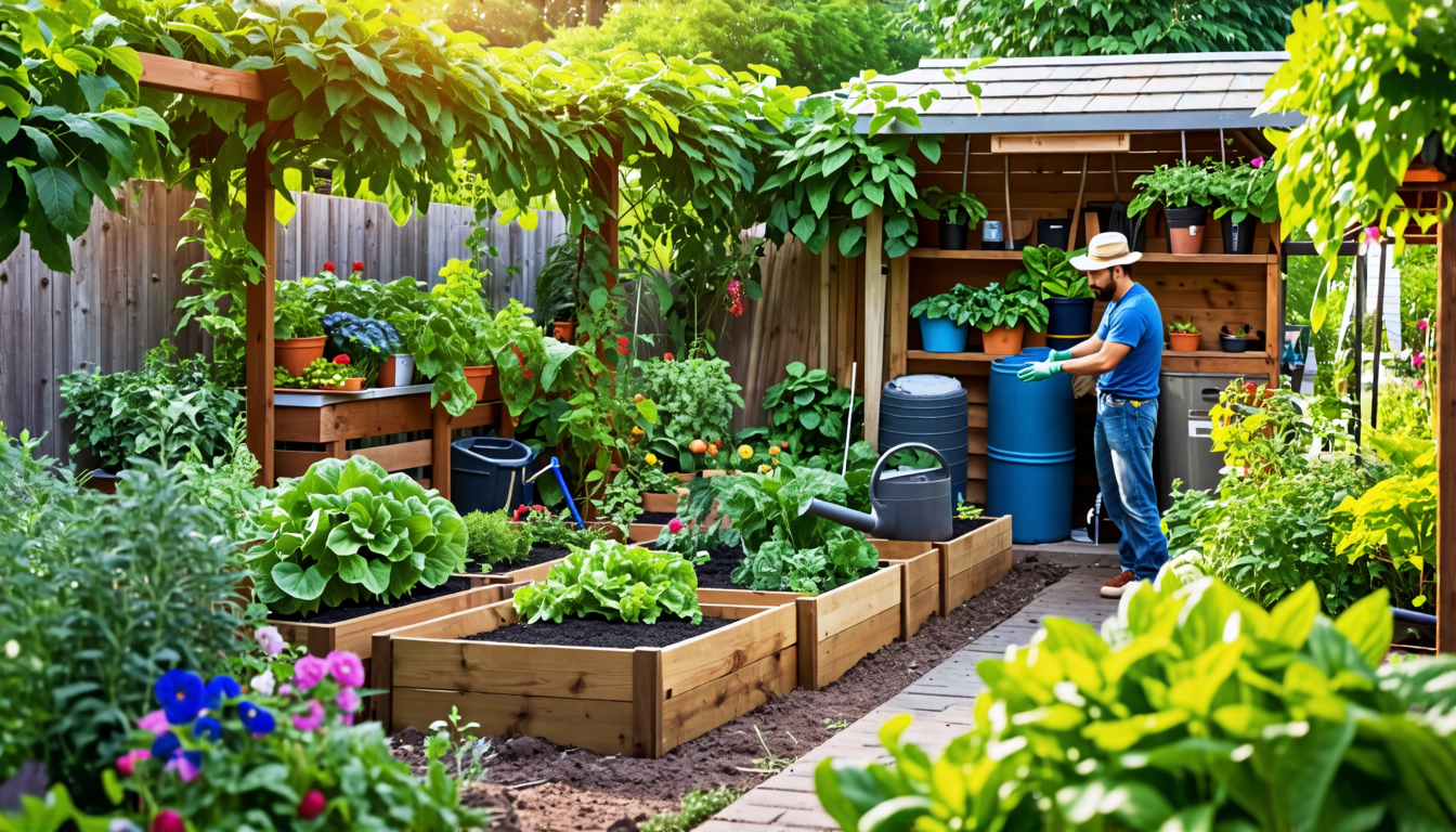 A vibrant and thriving home garden in the midst of an urban setting, showcasing a variety of fruits, vegetables, and herbs. The garden is full of lush greenery, raised beds, vertical planters, and con