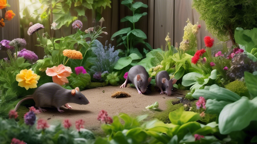 Create an image of a beautiful garden with lush plants and flowers. In the corner of the garden, there is a pile of improperly managed compost or food waste, attracting several rats. The rats are munc