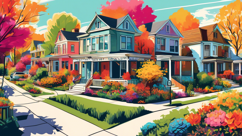 Create an intricate and vibrant image of a picturesque Indianapolis neighborhood featuring charming community houses with diverse architectural styles, accompanied by lush gardens in full bloom. Inclu