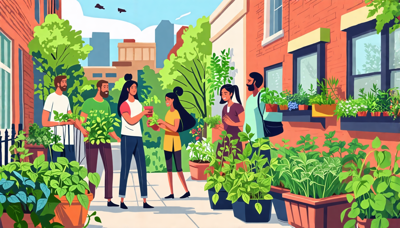 Create a cozy neighborhood scene in Denver, featuring diverse community members casually sharing tips on growing herb gardens. Include small, lush herb gardens on windowsills and balconies, with label