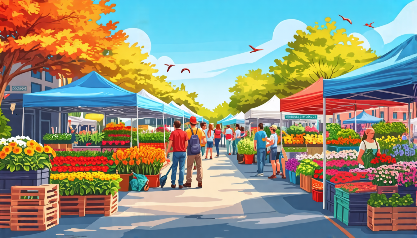 Create an image of a bustling outdoor market filled with various home improvement and gardening supplies. Vendors are showcasing flowers, plants, tools, and building materials. Shoppers, ranging from