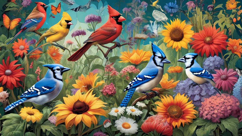 A vibrant garden teeming with colorful flowers and lush plants. Birds in various hues, including blue jays and cardinals, are perched on branches, and butt