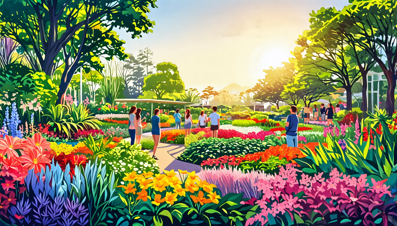 An enchanting scene in the WA Botanic Gardens during spring: vibrant flowers in full bloom, rare plant species on display, enthusiastic gardeners admiring and documenting their impressive homegrown di