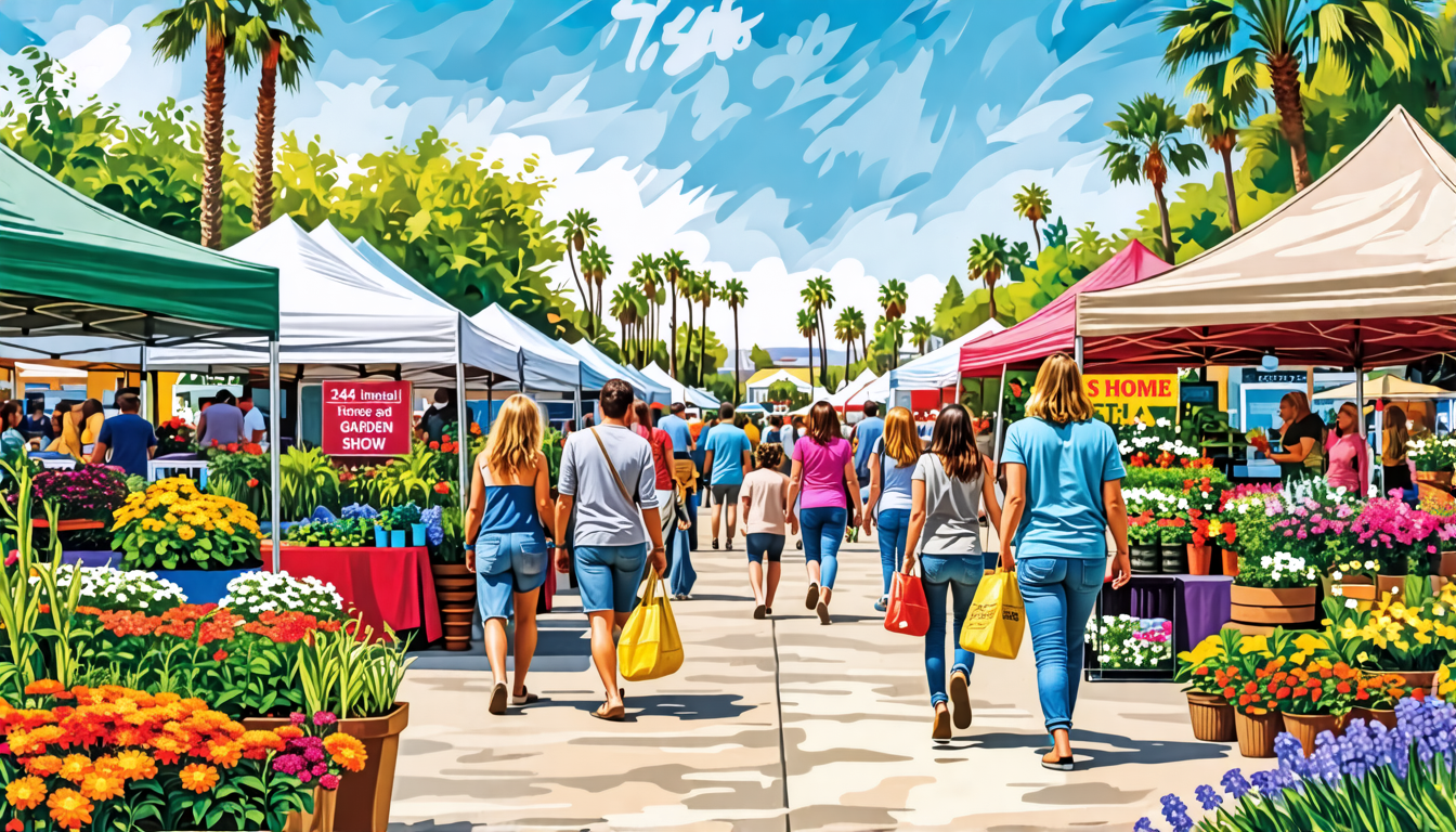 Create an image depicting a vibrant and bustling scene at the 34th Annual Home and Garden Show at Del Mar Fairgrounds. Capture colorful booths displaying various home improvement products and gardenin