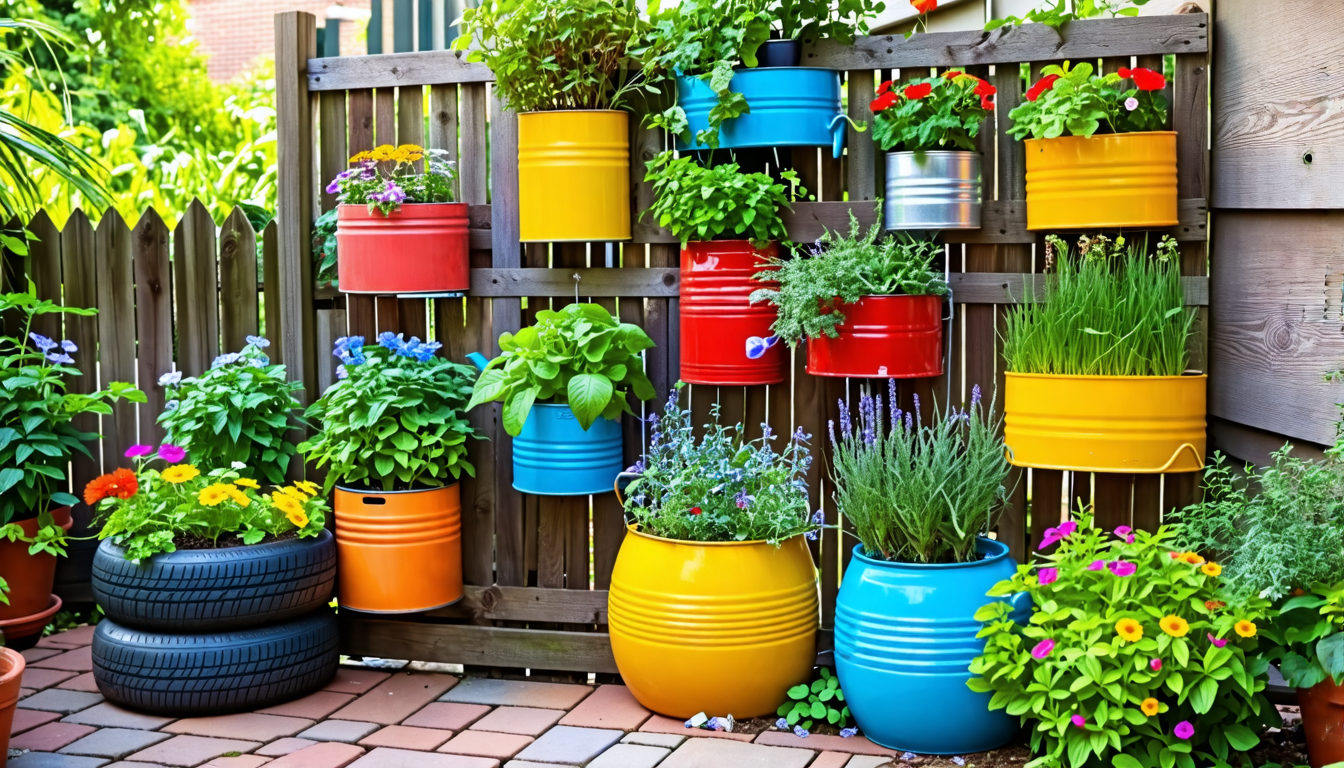 Create a vibrant and eco-friendly garden scene showcasing a variety of inventive planters crafted from upcycled and discarded items. Include planters made from old tires painted in bright colors, repu