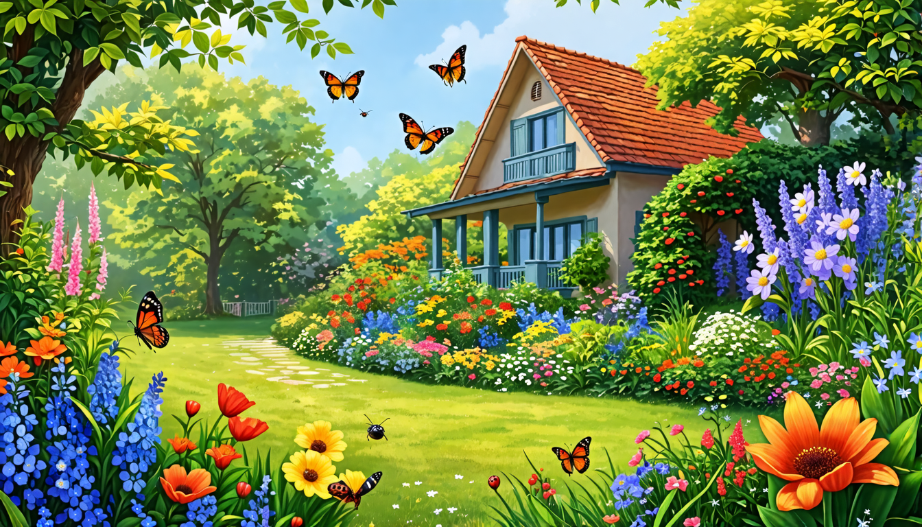 Create an image of a cozy home surrounded by a lush, vibrant garden in full bloom during spring. The scene should show a variety of insects, such as butterflies, ladybugs, and bees, attracted to the f